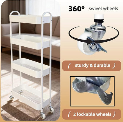 4 Tier Slim Kitchen Storage Cart for Narrow Space, 7.1'' Wide Metal Rolling cart with Wheels and Lockable Casters, Sturdy Mobile Thin Shelf for Laundry Room Between Washer and Dryer, White