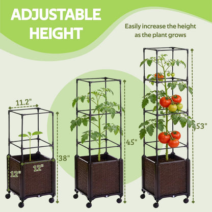 Jesosia Raised Garden Bed Planter Box with Tomato Cage - Self-Watering Tomato Planters with Trellis for Climbing Plants Outdoor - Vertical Gardening Tomatoes Pot with Trellis Wheels for Vegetable Vine