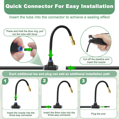 Quibbay 65.6Ft 360° Adjustable Drip Irrigation System Kit, Automatic Garden Watering System with 20 Copper Nozzles, Atomizing Misting Watering System with 360° Bending Dropper for Plant Lawn Patio