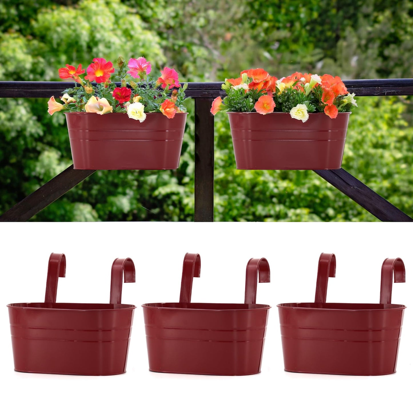 Meltset M 3 Pack Metal Railing Planters, 10.5" Oval Hanging Flower Pots with Detachable Hooks & Drainage Holes, Fits Rails up to 2.36", Galvanized Iron Fence Bucket for Balcony Garden Patio - Red