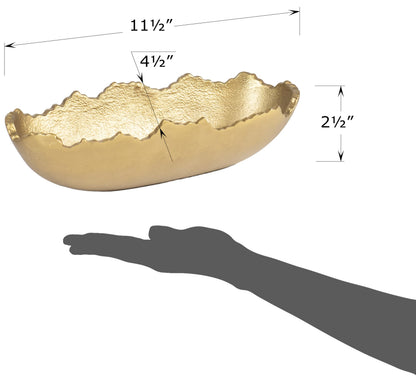 Red Co. 11.5” x 4.5” Elongated Oval Decorative Asymmetrical Torn Textured Metal Centerpiece Tray with Sculpted Edges, Old Gold
