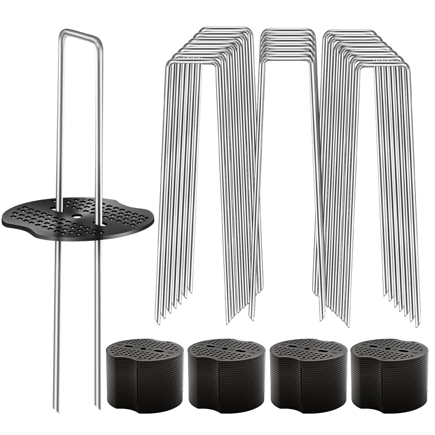 100 Pcs Garden Stakes Landscape Staples Set, 6 Inch 11 Gauge Heavy Duty Galvanized 50 U-Shaped Pins with 50 Gaskets for Weed Barrier Fabric, Grass Sod, Artificial Turf & Yard Landscaping