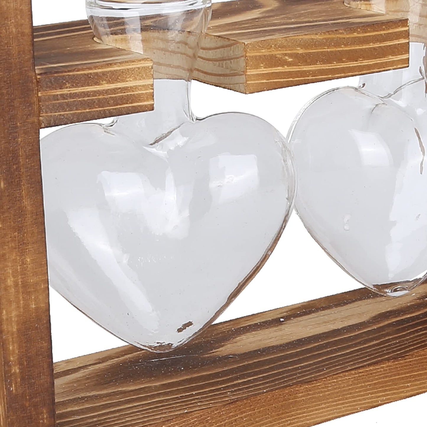 Flower Vase, Glass Desktop Planter Plant Terrarium Kit Desktop Propagation Station Glass Flower Vase with Wooden Holder for Wedding Decoration (Retro Frame + 3 Heart Bottle)