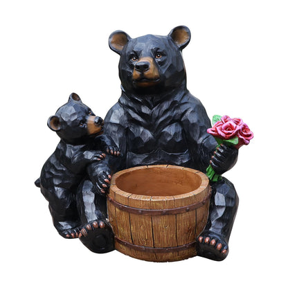Bear and Cub Garden Planter - 21-Inch Large Resin Black Bear Statue with Flower Barrel, Rustic Wood Carved Look Flower Pot for Outdoor Porch Patio Yard Decor, Animal Sculpture Housewarming Gift