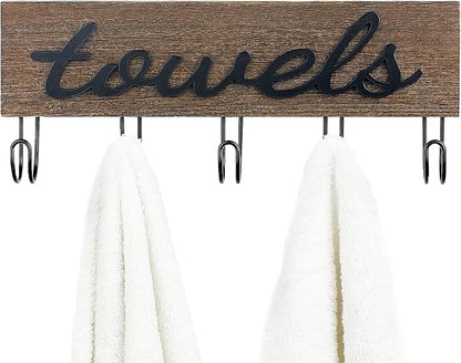 Mkono Towel Holder Wall Mounted Towel Racks for Bathroom Farmhouse Decor Rustic Wood Towel Hooks Hang Towels Bathrobe Coat Clothing 12.6" x 5.2" Bath Towel Hanger Storage Organizer