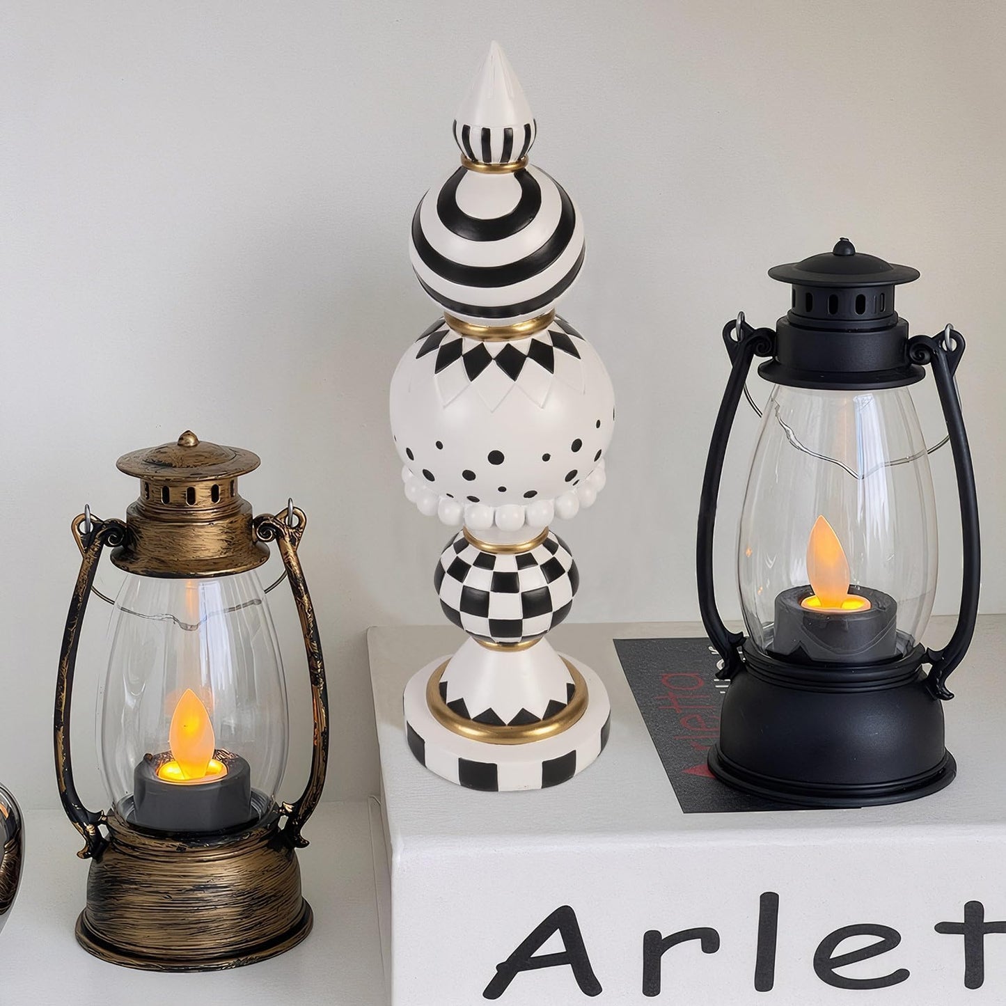 Bechivie Black and White Checkered Decor, 15 Inch Large Resin Halloween Christmas Modern Sculpture, Holiday Indoor Table Centerpiece Mantel Office Desk Shelf Season Decorations for Home