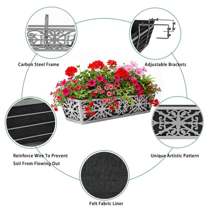 6 Pack 24 Inch Window Boxes Planter for Outdoor Plants Deck Railing Planters Box with Adjustable Brackets for Porch Fence Balcony Hanging Flower Baskets with Non-Woven Fabric Liner for Garden Decor