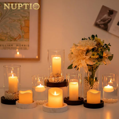 NUPTIO Wooden Candle Holders Pillar: Black Candle Tray with Round Hurricane Glass Vase - Set of 2 Cylinder Floating Candleholder for Home Halloween Thanksgiving Seasonal Decor