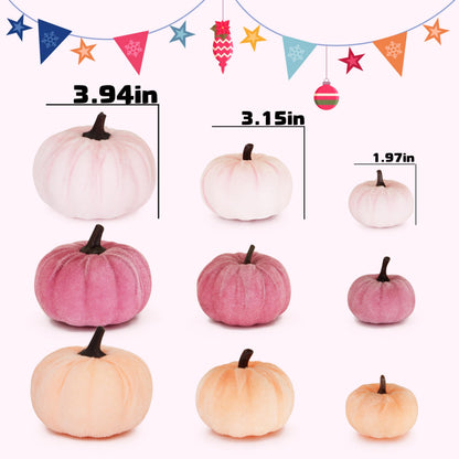 FAFVBING 12 Faux Flocked Pumpkins, Perfect for Fall Harvest, Halloween, or Thanksgiving Table Centerpieces(12, Rose red, Purple, and Pink)