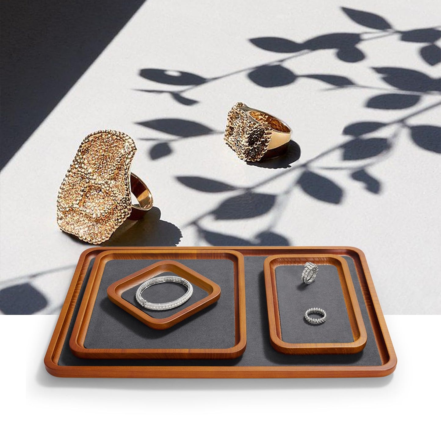 Oirlv Solid Wood Jewelry Display Tray Small Jewelry Tray Rings Earrings Bracelets Necklace Holder Organizer (Small, Grey)