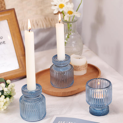 DARJEN 6 Pcs Blue Glass Candlestick Holders with Vertical Stripes - Irregular Shaped, Dual-Use for Taper Candles & Votive/Tea Lights, Candle Holders for Dining Table, Wedding, Party, Home, Gifts
