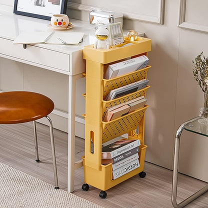 Rolling Office Paper Organizer, Mobile Book Cart Document Folder File Storage with Pen Holder, Slim Rolling Storage Cart Movable Bookshelf for Office, Dorm, Classroom, Nursery, Green