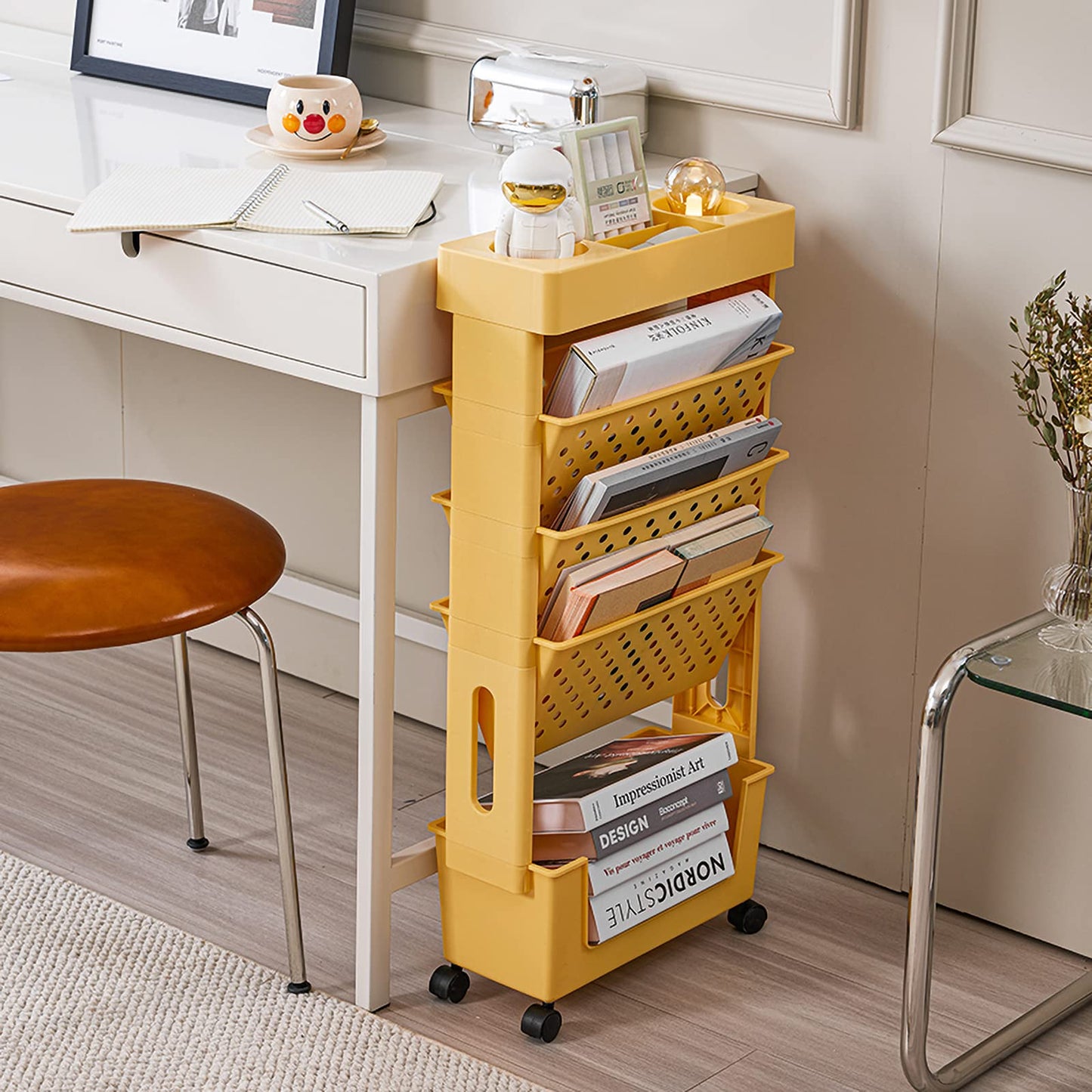 CINPIUK Rolling Office Paper Organizer, Mobile Book Cart Document Folder File Storage with Pen Holder, Slim Rolling Storage Cart Movable Bookshelf for Office, Dorm, Classroom, Nursery, Green