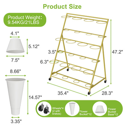 NEYCIL Flower Stand, 3 Tier Flower Display Stand with 12 Buckets, Upgrade Double Circle No Shaking, Outdoor Flower Cart with Wheels for Patio, Garden, Shop, Wedding, Party, Exhibition, Indoor, Gold
