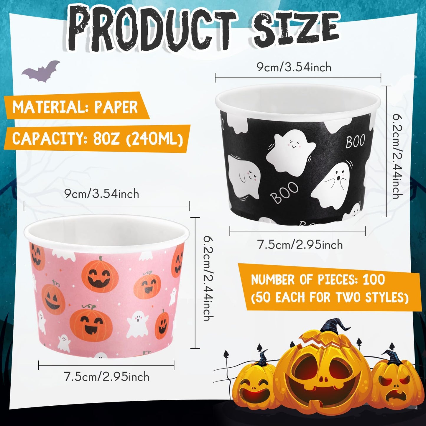 Jingmore 100 Pcs 8 oz Halloween Treat Snack Cups Pink Ghost Pumpkin Disposable Bowls Boo Halloween Paper Bowl for Sundae Frozen Yogurt Soup Birthday Party Supplies