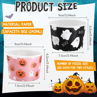 Jingmore 100 Pcs 8 oz Halloween Treat Snack Cups Pink Ghost Pumpkin Disposable Bowls Boo Halloween Paper Bowl for Sundae Frozen Yogurt Soup Birthday Party Supplies