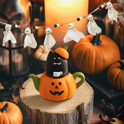 7Ft Halloween Banner Garland with Ghosts & Wooden Beads, Rustic Ghost Banner Hanging Ghost Garlands for Wall Home Indoor Outdoor Fall Decor Supplies(Black)