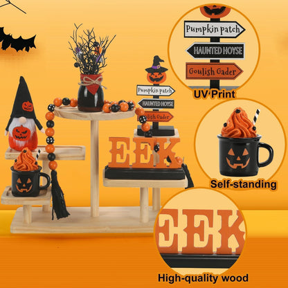 Halloween Decorations 6PCS Tiered Tray Decor, Cute Tabletop Halloween Decor for Home Indoor Tray Shelf Mantel Office Table Centerpieces Farmhouse Rustic Spooky Wood Signs
