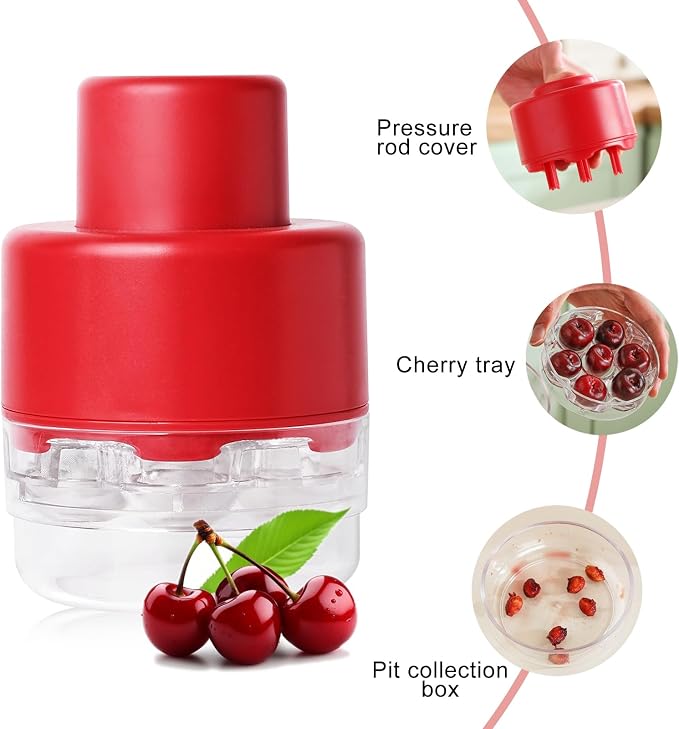 Upgraded Cherry Pitter Tool Pit Remover, 7-in-1 Portable Cherry Core Remover, Quick Release Multi Cherry Pitter Tool for Kitchen, Cake Shop, Fruit Salad (Bright - Red)