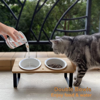 Sunhoo Ceramic Elevated Cat Bowls Raised Puppy Dishes for Food and Water Tilted Wooden Stand for Indoor Cats 5.5 inch Wide Double Dish Orthopedic Reduces Vomiting (Wood Color)