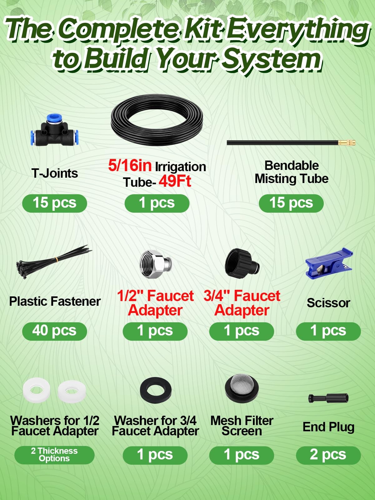 49ft Drip Irrigation System - Includes 15pcs 360° Adjustable Copper Nozzles, 5/16" PE Tubing, 1/2" & 3/4" Faucet Adapters, Automatic Garden Watering Sprinkler System Kit for Raised Bed Plants Lawn