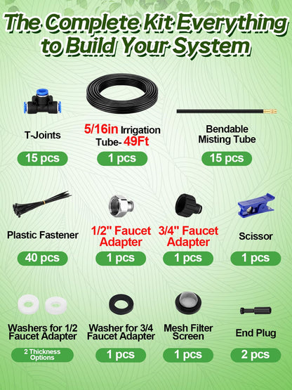 49ft Drip Irrigation System - Includes 15pcs 360° Adjustable Copper Nozzles, 5/16" PE Tubing, 1/2" & 3/4" Faucet Adapters, Automatic Garden Watering Sprinkler System Kit for Raised Bed Plants Lawn
