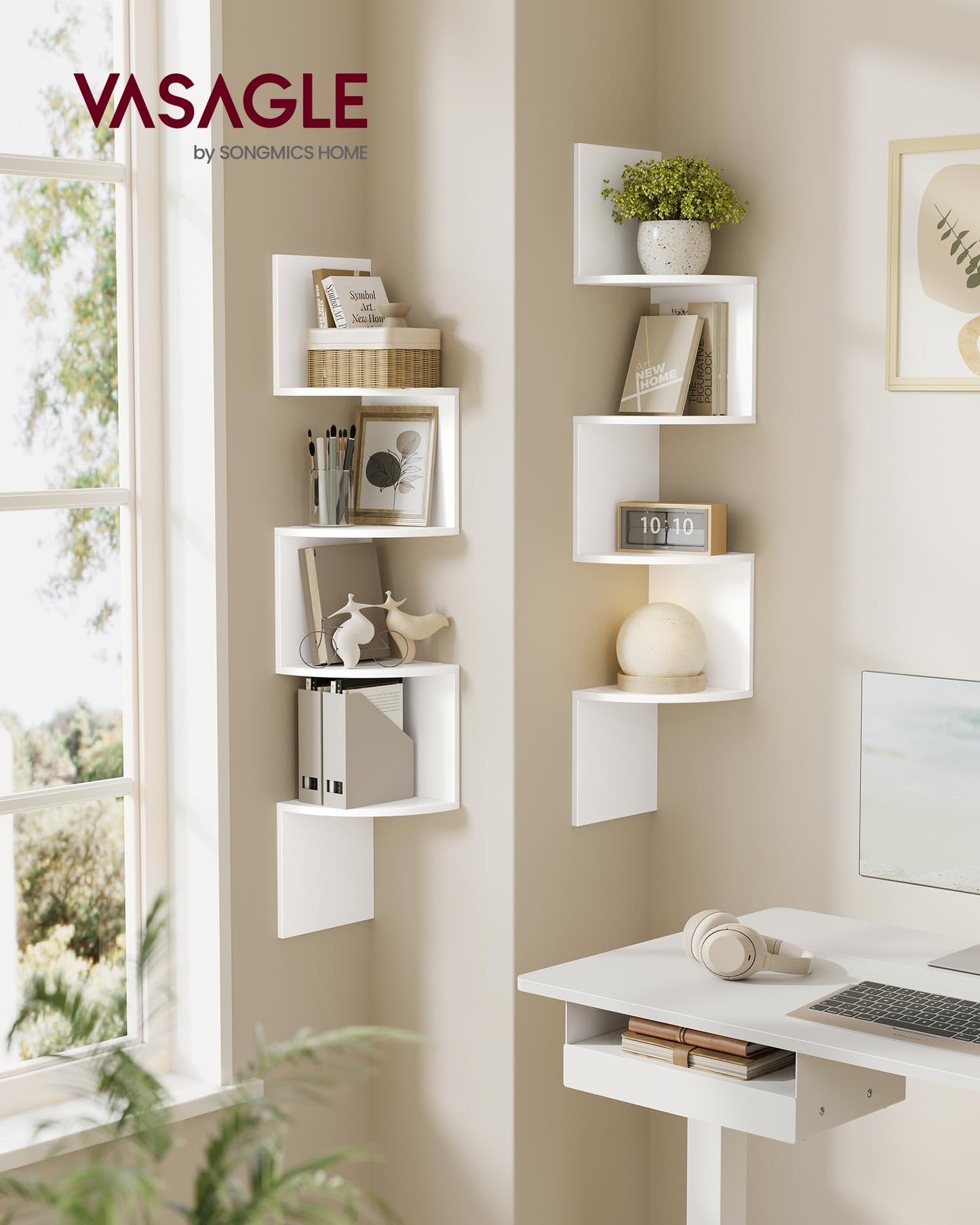 VASAGLE Set of 2, Corner Shelves Wall Mount, 4-Tier Floating Corner Bookshelves, Plant Shelves for Bedroom, Living Room, Bathroom, Home Office, Cloud White