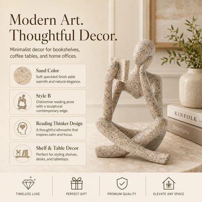 LINZHEN Bookshelf Decor Thinker Statue, Sand Abstract Reading Figurine Style B, Resin Decorative Bookend for Coffee Table, Shelf, Home Office, Library, Gift for Book Lovers