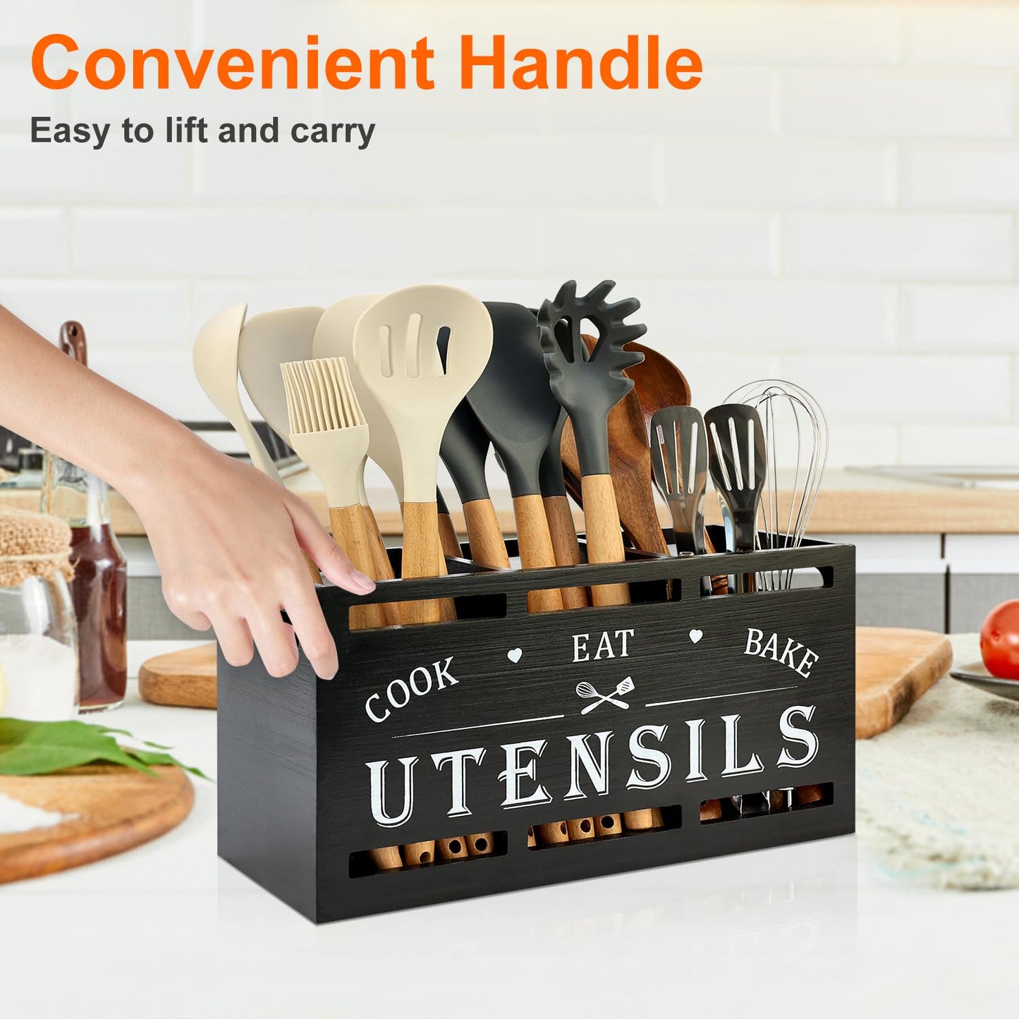 Extra Large Black Wood Utensil Holder Organizer Farmhouse Kitchen Decor Cutlery Spatula Holder Silverware Caddy Wooden Cooking Utensils Holder for Kitchen Countertop Utensil Crock Spoon Tools Holder