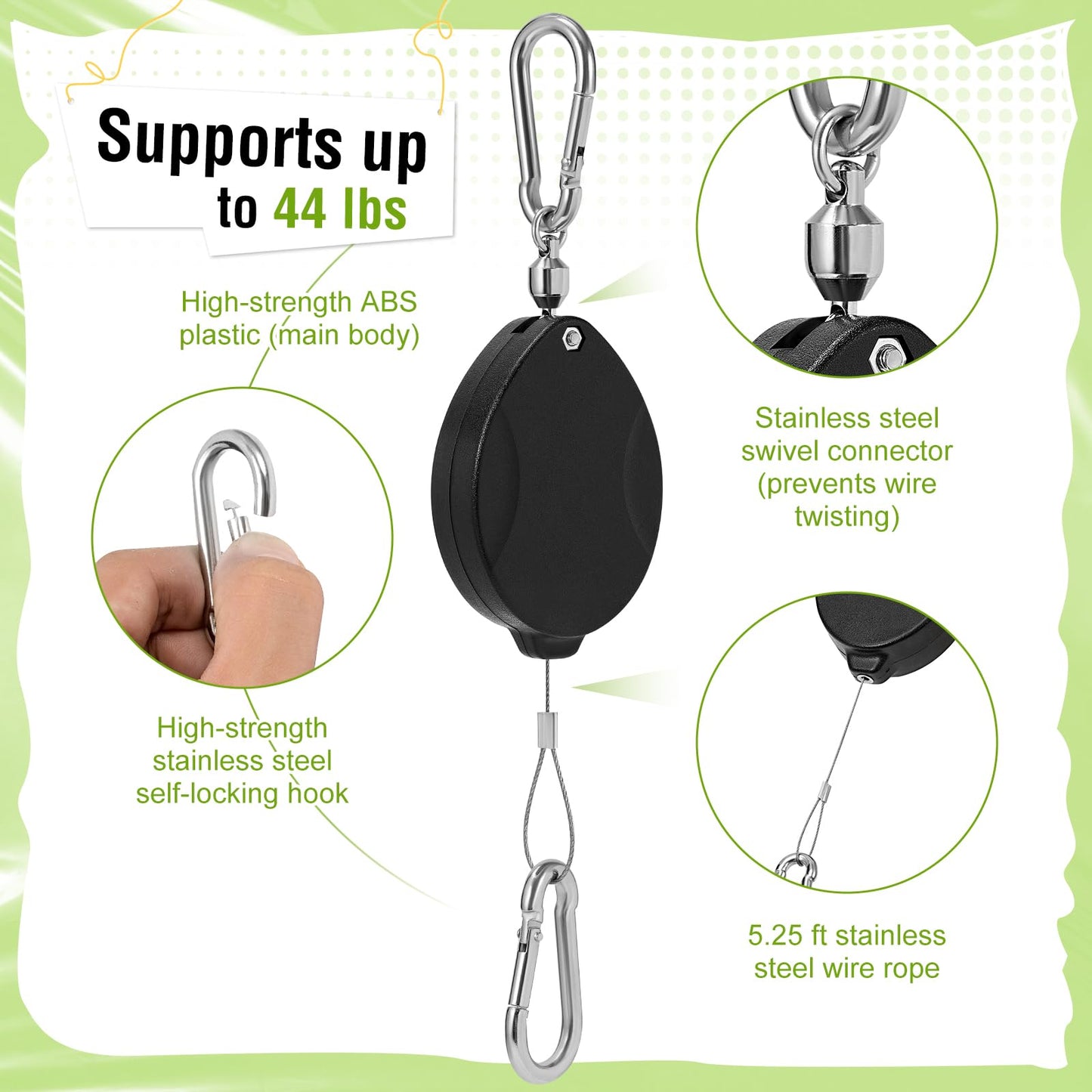 Black Elk Peak Plant Pulleys, Heavy Duty Retractable Hangers, 304 Stainless Steel Rope, Auto Plant Holder, Adjustable Climbing Hook for Garden Baskets, Watering, or Bird Feeders 2PC (Black)
