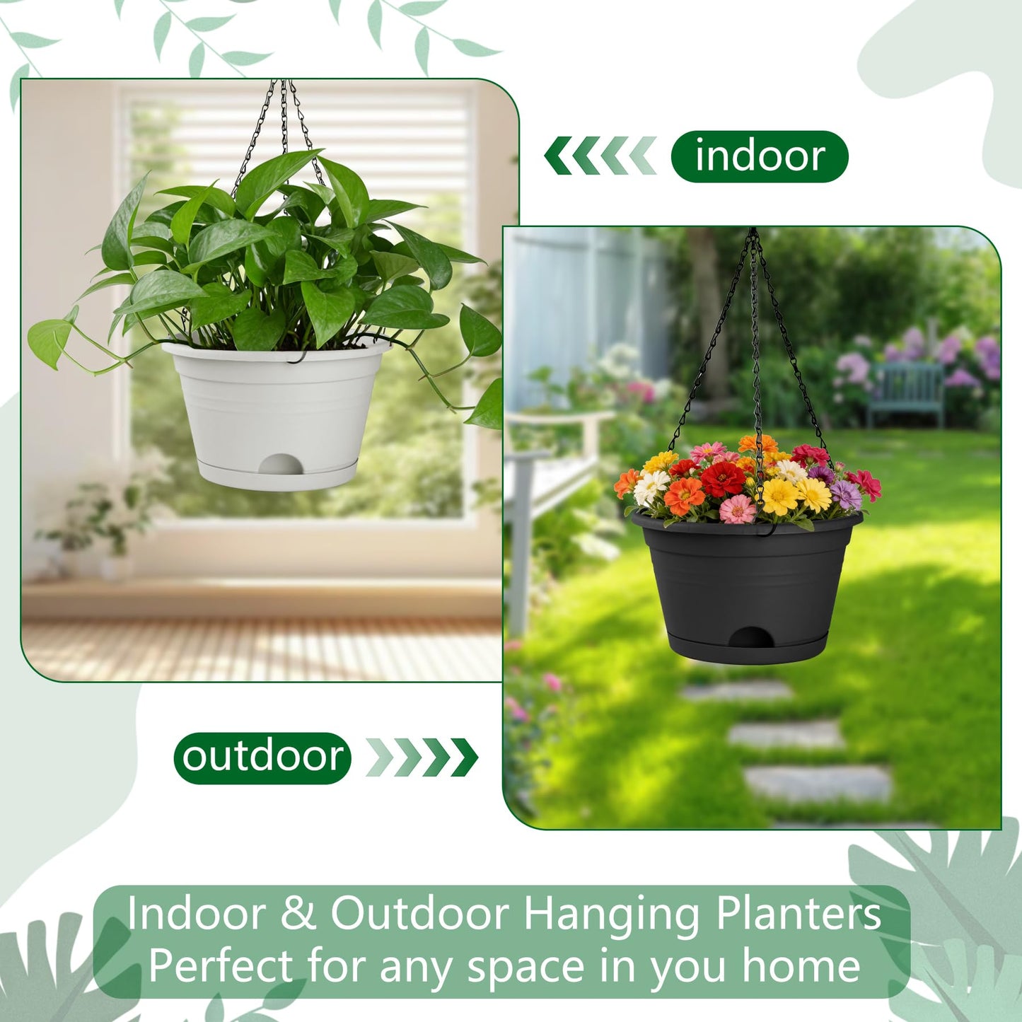 Nooulap 4 Pack Hanging Planters, 10 Inch Plant Pots with Hanger Chain & Drainage Trays, Hanging Baskets for Plants Outdoor Indoor, Flowers Pots for Home, Garden, Porch Decor (2 Grey + 2 Black)