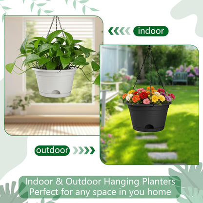 Nooulap 4 Pack Hanging Planters, 10 Inch Plant Pots with Hanger Chain & Drainage Trays, Hanging Baskets for Plants Outdoor Indoor, Flowers Pots for Home, Garden, Porch Decor (2 Grey + 2 Black)