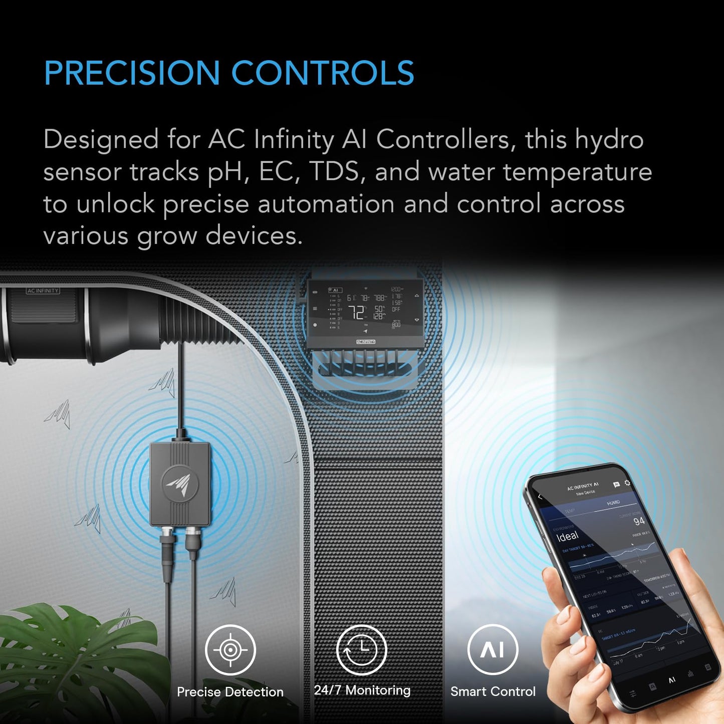 AC Infinity Hydro Sensor, Environmental Sensor for Controller AI+, Manage pH, EC, TDS and Water Temp for Grow Tents, Unlock Automations for Equipment Programming in Hydroponics, Aquariums, and Pools