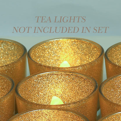 Gold Votive Candle Holders, BeMoment Glitter Glass Tealight Candle Holder for Christmas, Wedding Decor and Home Decor, Festival, Xmas, Holiday, Set of 12(2”×2”)