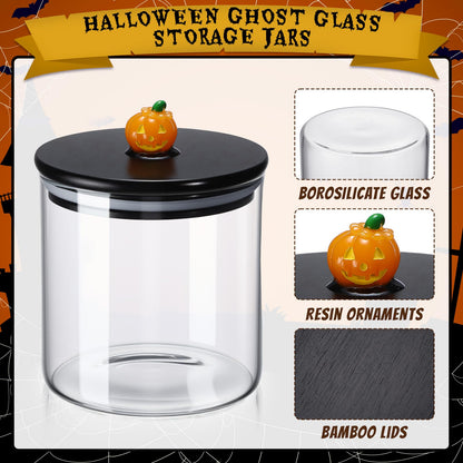 Chuangdi 22 oz Halloween Glass Jars with Bamboo Lid Set of 3 Ghost Grim Reaper Pumpkin Glass Storage Canister Halloween Decorations Indoor for Kitchen Tiered Tray Table Home Party Supplies
