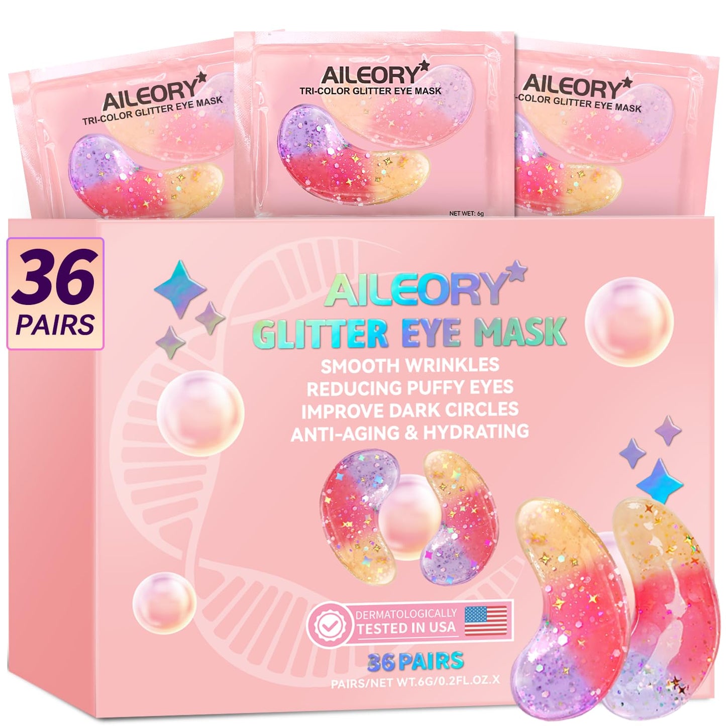 Under Eye Patches (24 Pairs) - New Tri-color Glitter Eye Gel Pads for Dark Circles Puffy Eyes,Under eye Bags,Wrinkles|Natural Collagen Under Eye Mask Patches, Gel Under Eye Patches