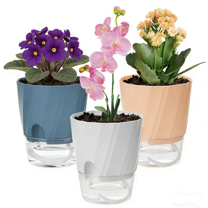 Self Watering Plant Pots 6 Inch, 3 Pack Plastic Indoor Planters with Wick Rope and Reservoir, Decorative Flower Pots for Spider Plant, Orchid, African Violet, Home Office Decor (White, Pink, Blue)
