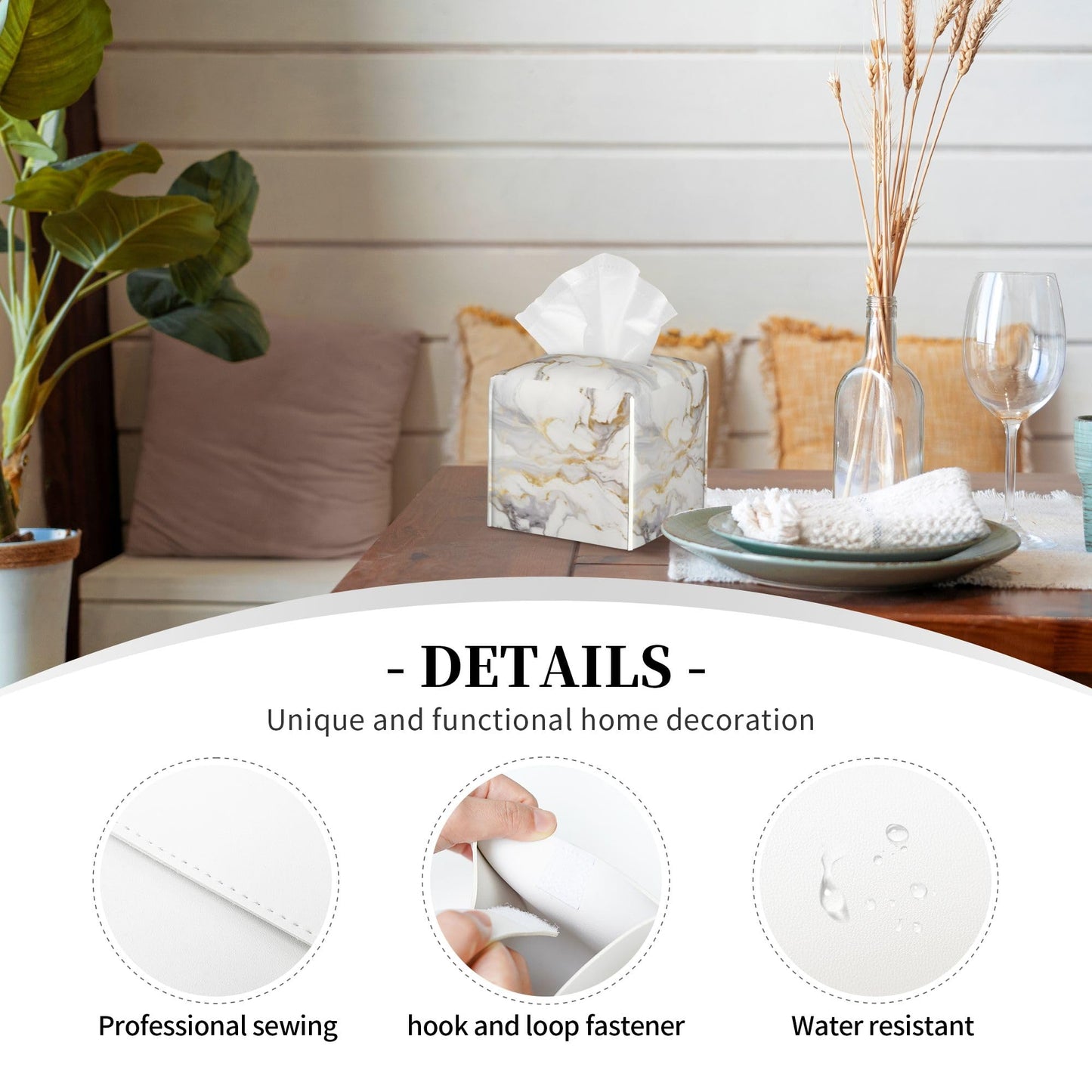 White Gold Marble Tissue Box Cover Square, Modern Abstract Marble Texture Tissue Box Holder Waterproof Leather Facial Paper Organizer Dispenser for Bathroom Home Car Nightstand Vanity Desk