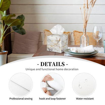 White Gold Marble Tissue Box Cover Square, Modern Abstract Marble Texture Tissue Box Holder Waterproof Leather Facial Paper Organizer Dispenser for Bathroom Home Car Nightstand Vanity Desk