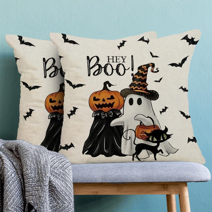 Halloween Pillow Covers 18 x 18 Inch Set of 2 Hey Boo Ghost Spooky Jack-O'-Lantern Pumpkin Throw Pillows Outdoor Decorative Black Cat Bats Pillowcases Linen Cushion Cases for Home Bed Sofa Couch
