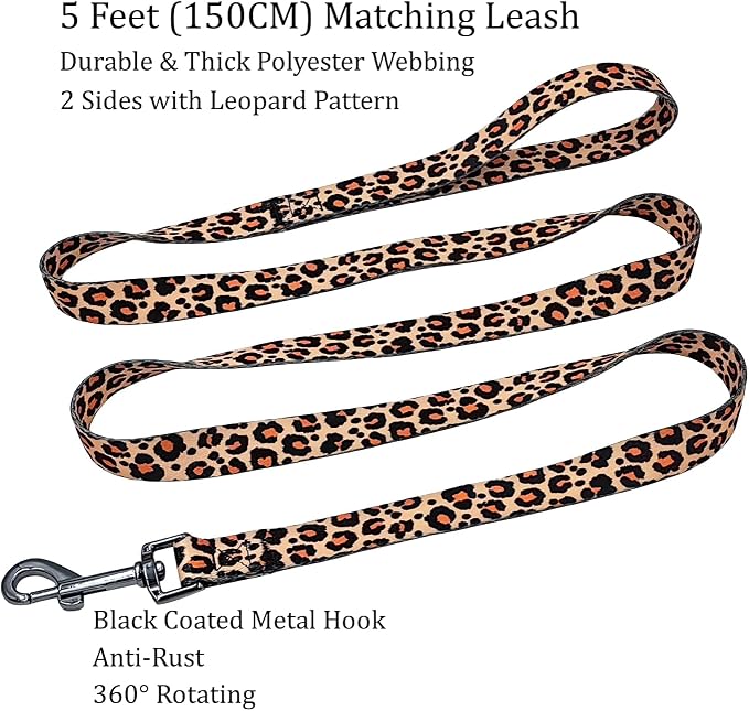 Dog Collar Leash Set, Leopard Pattern, Polyester Material, Adjustable Collar and 5ft Matching Leash, for Medium Dogs.(M, Yellow Leopard)