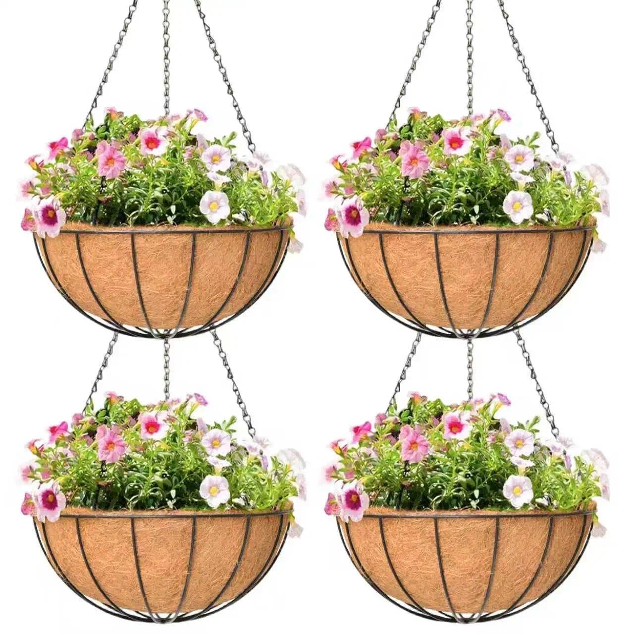Qusuxi 4 Pack 12 Inch Hanging Baskets for Plants Outdoor Metal Hanging Planter Hanging Flower Baskets with Coco Fiber Liners Chain Round Wire Plant Holder Hangings Flower Pots(Watermelon)
