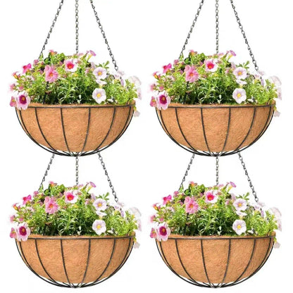 Qusuxi 4 Pack 12 Inch Hanging Baskets for Plants Outdoor Metal Hanging Planter Hanging Flower Baskets with Coco Fiber Liners Chain Round Wire Plant Holder Hangings Flower Pots(Watermelon)