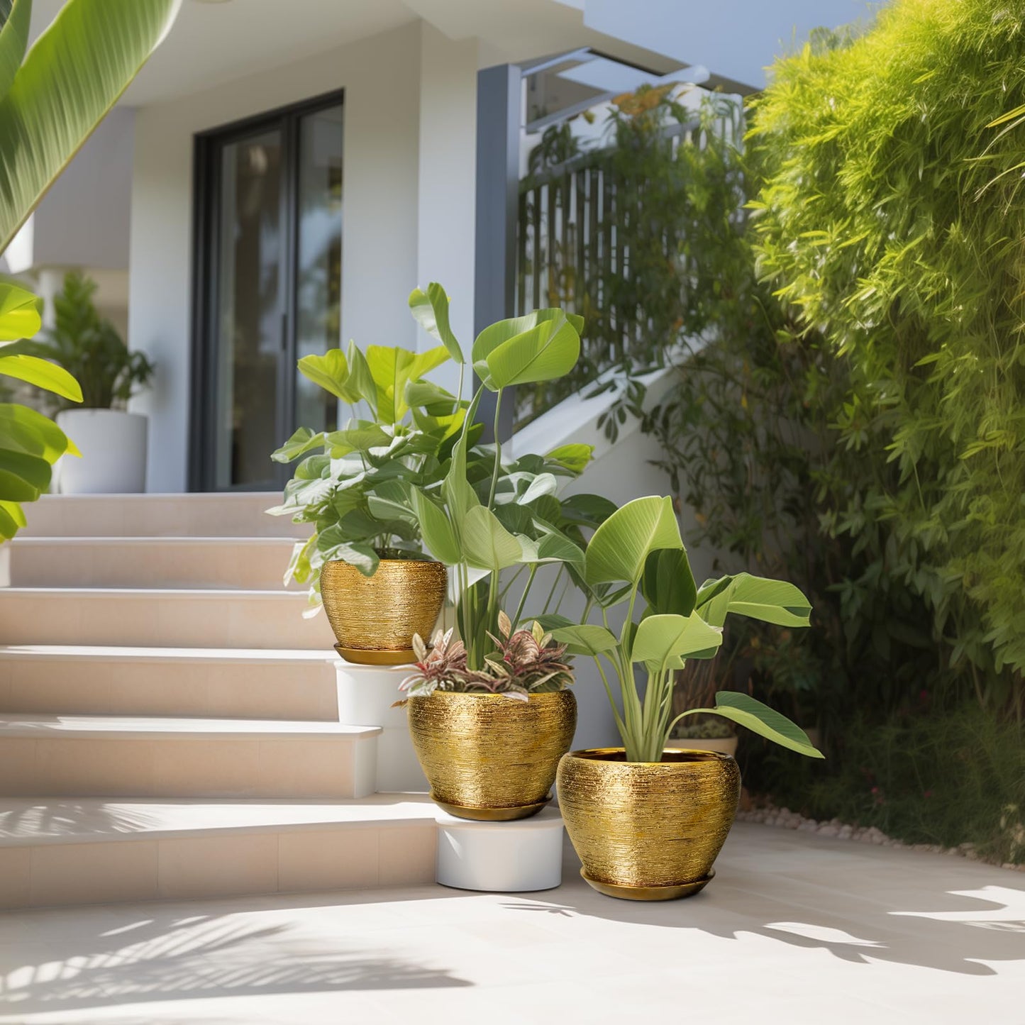 EPFamily Flower Pots for Indoor & Outdoor Plants - Ceramic Pots 10 Inch, 8 Inch, 6 Inch with Drainage Holes, Saucers - Decorative Large Planters Set of 3 Gold