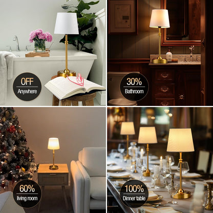 ONEWISH Cordless Lamp-Battery Operated Table lamp, 4000mAh Rechargeable, Stepless Dimmable, Small Touch Bedside Lamp with Fabric Shade, for Dining, Patio, Bathroom(Gold)