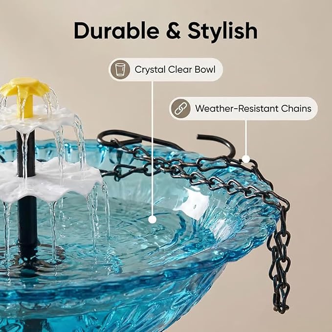 Hanging Solar Bird Bath Fountain, Solar Powered Cascading Outdoor Water Fountain, Hanging Bird Bath with Flowing Water, Decorative Garden Yard Patio Bird Bath Fountain