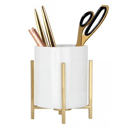 MONOSUGO 4.72" Gold Pen Holder Aesthetic Pencil Holder for Desk, Gold Desk Organizers and Accessories for Women Girls, Ceramic Pen Holder for Office