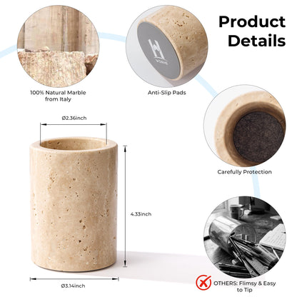 WORHE Travertine Stone Pen Holder for Desk, Handcrafted Volakas Sturdy Desk Organizer for Office Supplies Storage Desktop Stationary Makeup Brushes Cup Pencil Holders for Home Beige (WH101)