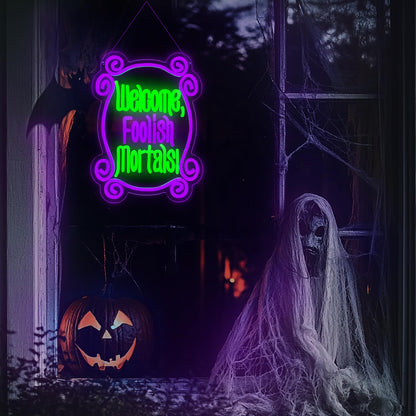 Welcome Foolish Mortals Neon Sign, Haunted Mansion Decor, Halloween Neon Signs for Wall Decor, Dimmable LED Spooky Gothic Coffin Neon Signs, Haunted Mansion Neon Sign for Halloween Party Man Cave