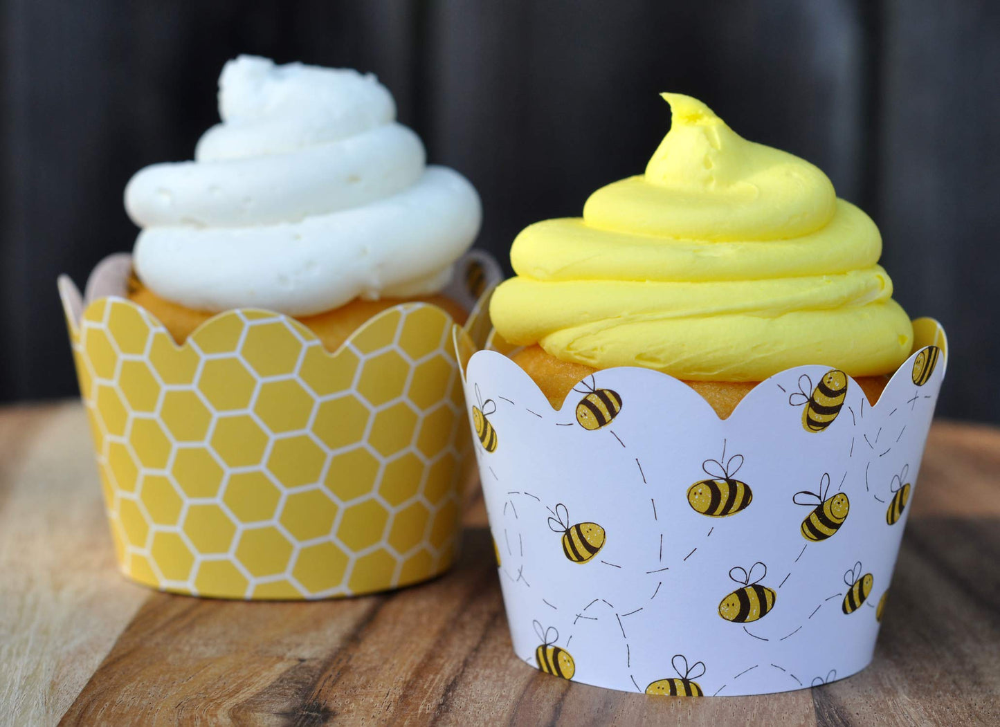 Honey Bee Cupcake Wrappers for Gender Reveal, Birthday Parties, Bridal Showers, Baby Showers, or Backyard Summer gatherings. Set of 24 Honey Bee Scalloped Cup Cake Holder Wraps. Yellow, Black